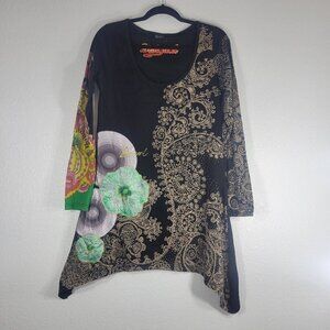 Desigual Long Sleeve Graphic Dress Large 90s Embroidered Floral Indie Sleeze